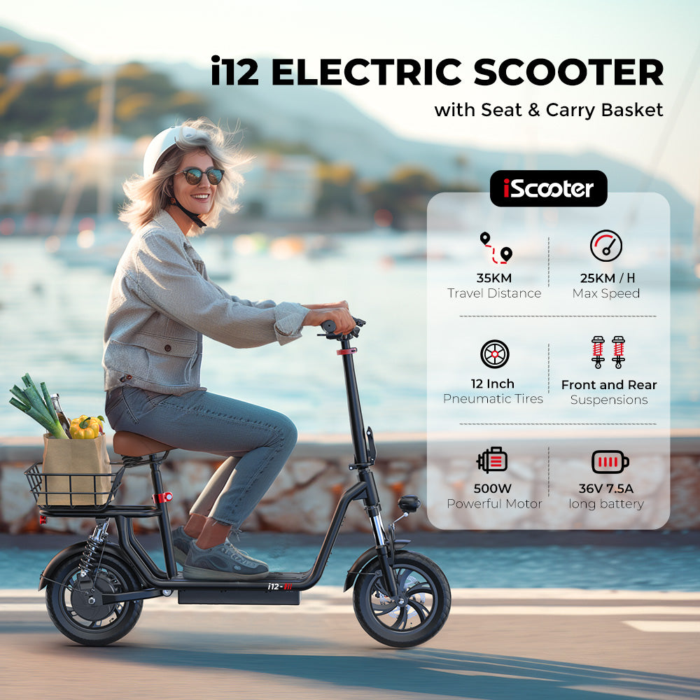 iScooter i12 500W Electric Scooter 12Inch 36v7.5ah Foldable Escooter Electric Scooters 30-35Km Range 25Km/h Speed With Basket