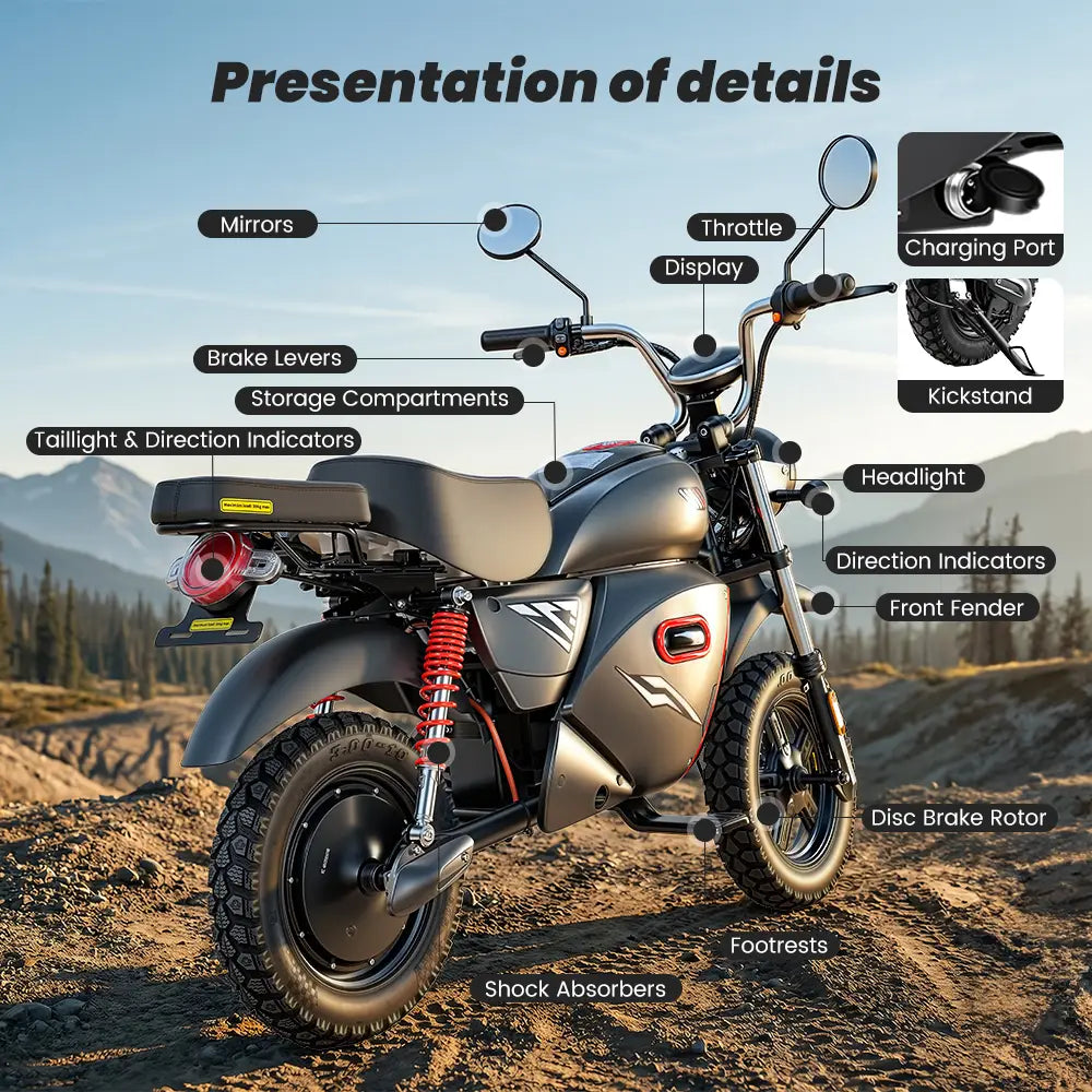 iScooter Y18 Electric Motorcycles 48V 20Ah Battery 80-90km Range 2000W Motor 55km/h Max speed Double suspension 15"x 3.o" All-TerrainTires E-bike