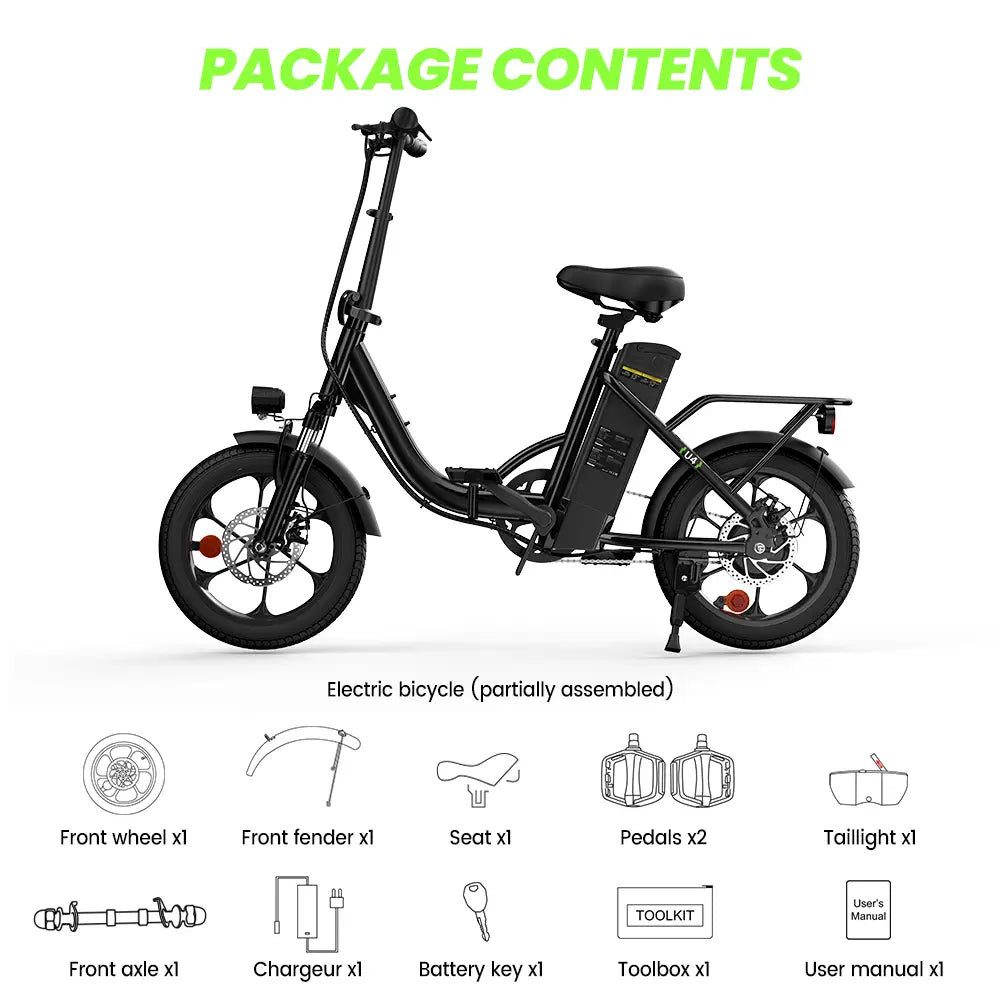 iScooter U4 Foldable E-bike 36V 10.4Ah Battery 55-90km Range 250W Motor 25km/h Speed Front suspension 16" Tires City Electric bicycle.