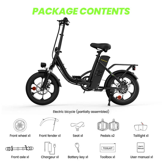 iScooter U4 Foldable E-bike 36V 10.4Ah Battery 55-90km Range 250W Motor 25km/h Speed Front suspension 16" Tires City Electric bicycle.