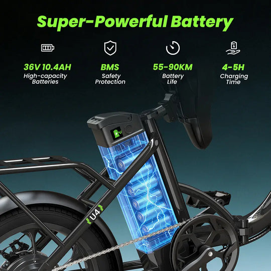 iScooter U4 Foldable E-bike 36V 10.4Ah Battery 55-90km Range 250W Motor 25km/h Speed Front suspension 16" Tires City Electric bicycle.