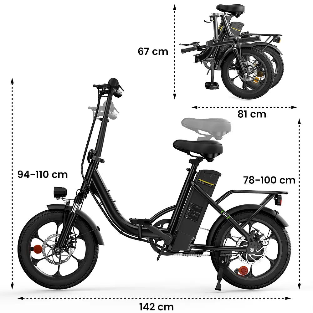 iScooter U4 Foldable E-bike 36V 10.4Ah Battery 55-90km Range 250W Motor 25km/h Speed Front suspension 16" Tires City Electric bicycle.