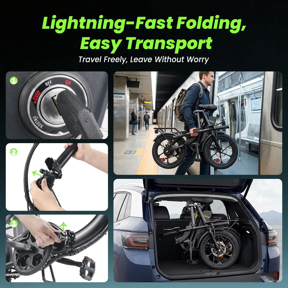 iScooter U4 Foldable E-bike 36V 10.4Ah Battery 55-90km Range 250W Motor 25km/h Speed Front suspension 16" Tires City Electric bicycle.