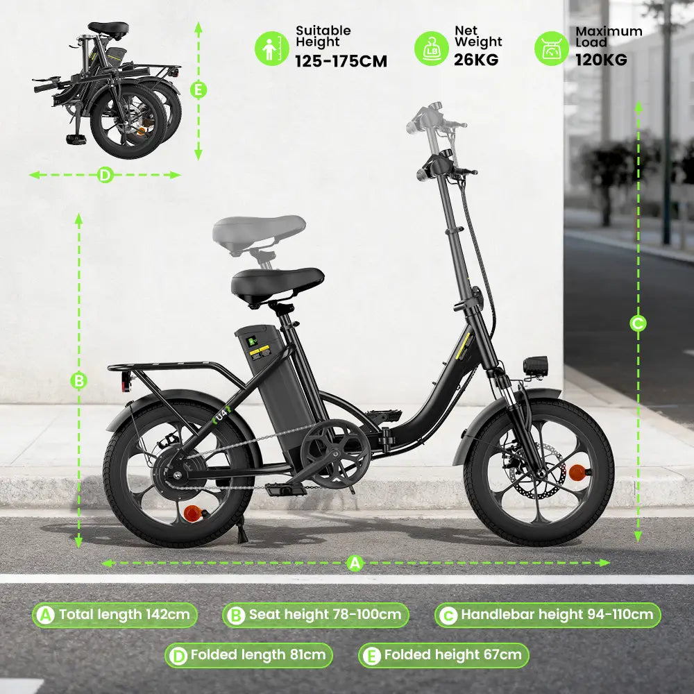 iScooter U4 Foldable E-bike 36V 10.4Ah Battery 55-90km Range 250W Motor 25km/h Speed Front suspension 16" Tires City Electric bicycle.